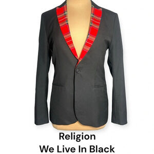 Religion black blazer with red tartan lapels 90’s boyfriend blazer